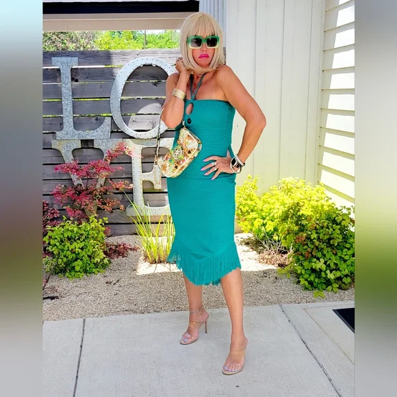 Aqua | Dresses | Rib Knit Halter Style Fringe Hemmed Midi Dress | Poshmark